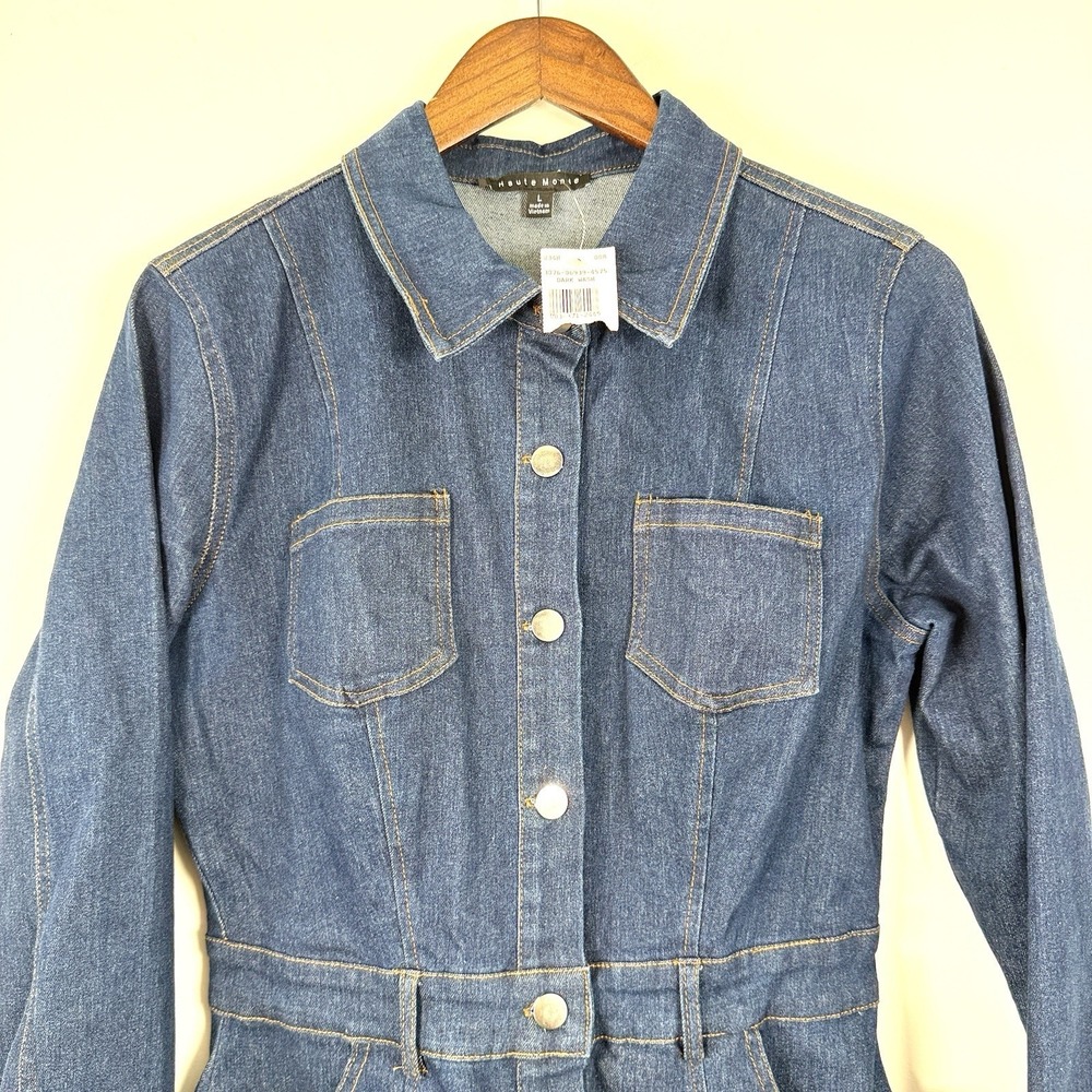 NWT Haute Monde Dress Midi Women's Large Dark Wash Buttons Long Sleeve - Picture 5 of 7